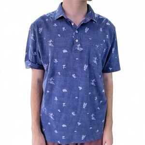 Johnnie-O Hangin' Out Blue White Oceanside Casual Surf Graphic Buddy Polo Men XL
